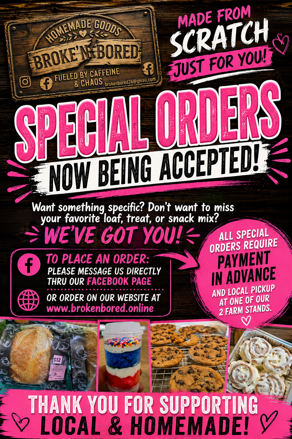 Broke'N Bored Special Orders flyer — made from scratch, just for you. Message us on Facebook or order at brokenbored.online